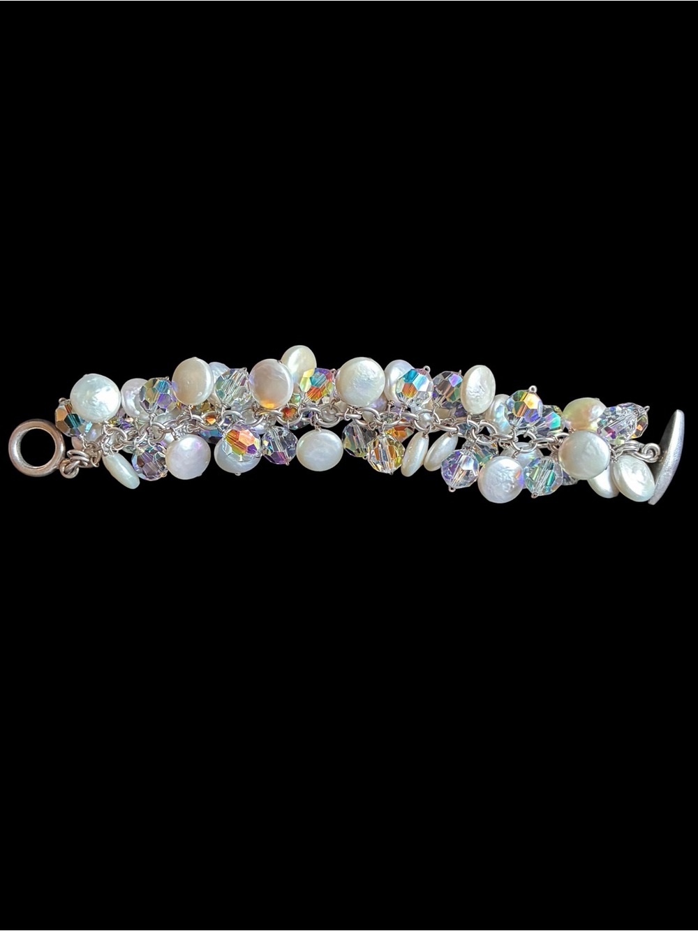 Vintage White Pearls and Sparkling Aurora Borealis Crystals with a Silver clasp